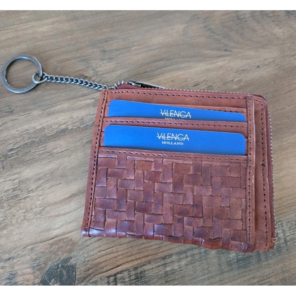 Vilenca Holland Basket Weave Zip Leather Card Coin Case Wallet Keychain NEW - Picture 2 of 11